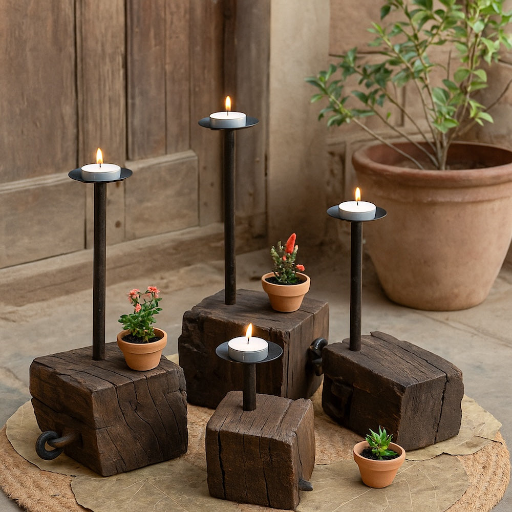 Ekaurr Set of 4 Reclaimed Wood Block Tea Light Holders with iron rods – rustic wood grain and industrial metal design