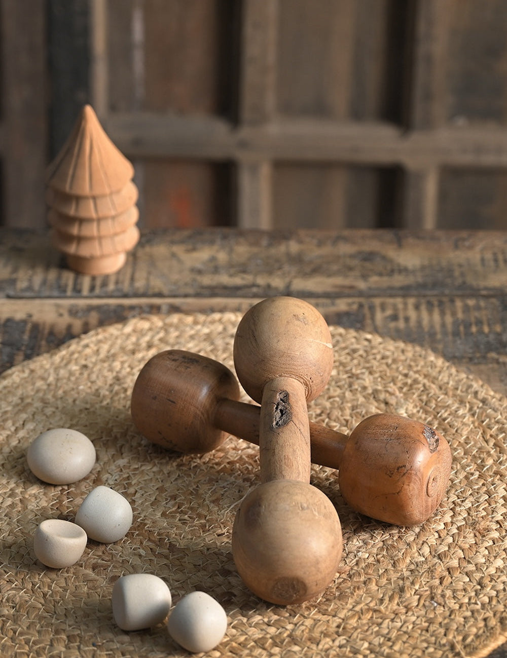 Ekaurr Reclaimed Wood Dumbbell Decor vintage wooden dumbbell form repurposed as a sculptural home accent, rustic found object decorative piece for shelves and eclectic interiors