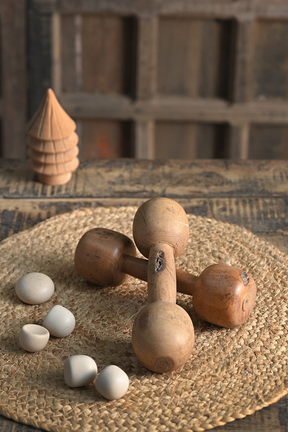 Ekaurr Reclaimed Wood Dumbbell Decor vintage wooden dumbbell form repurposed as a sculptural home accent, rustic found object decorative piece for shelves and eclectic interiors