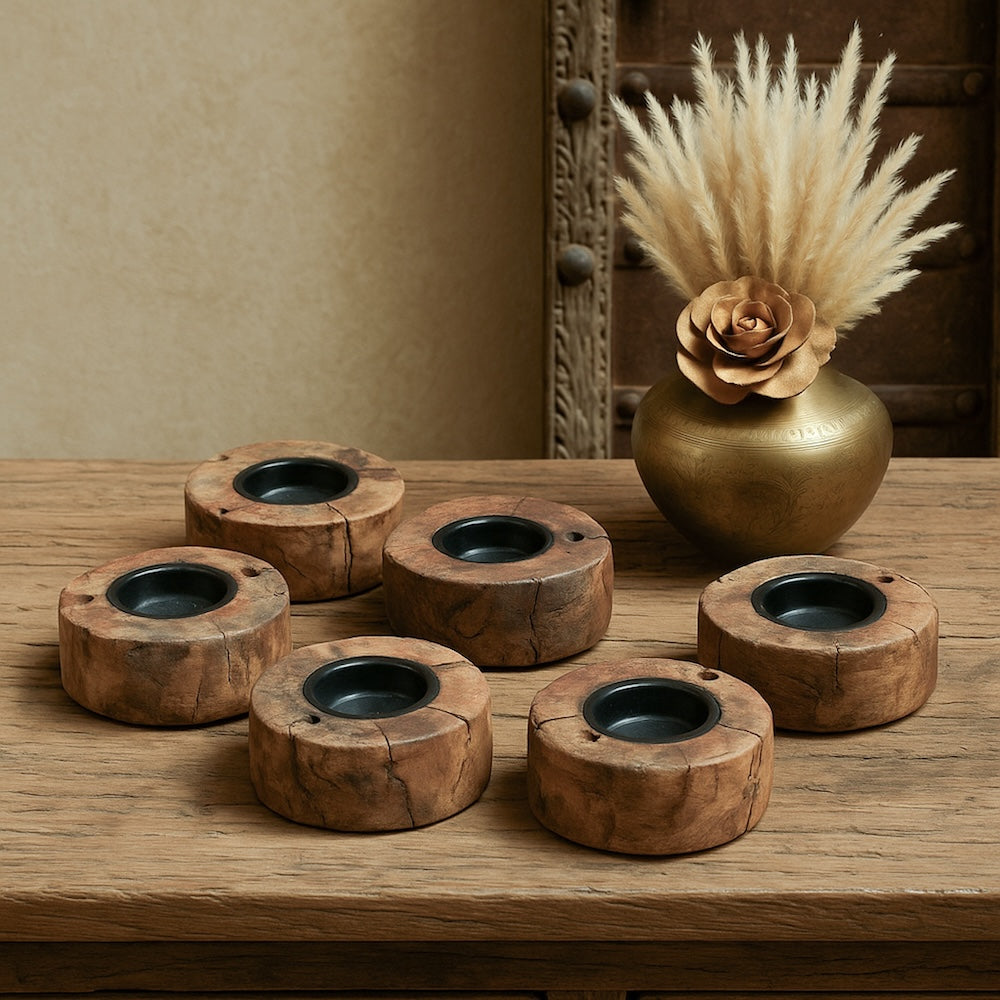Ekaurr Reclaimed Wood Flame Holders set of 6 handcrafted from natural reclaimed wood, rustic candle holders with aged texture for warm ambient home styling