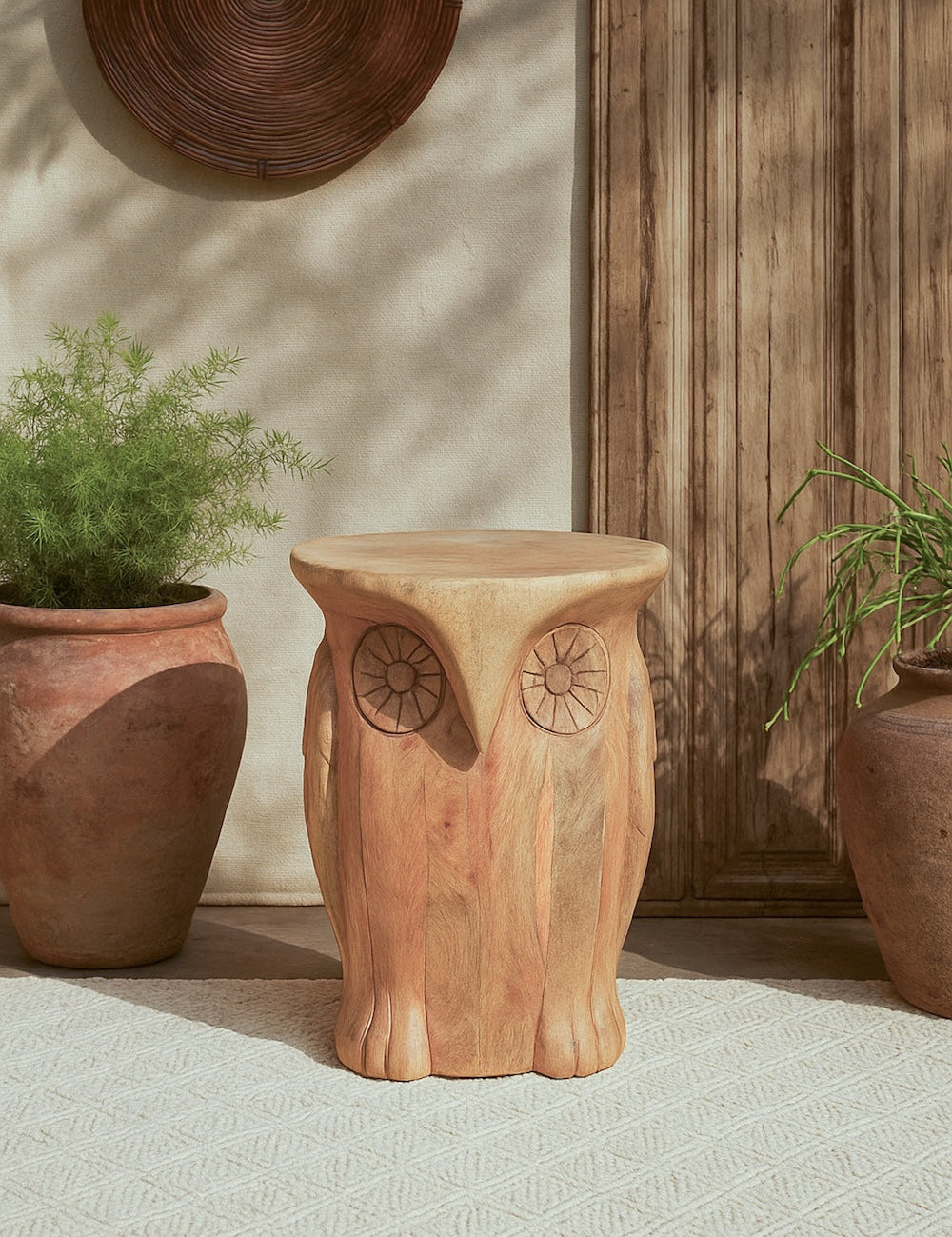 Ekaurr Reclaimed Wood Owl Stool handcrafted stool or pedestal carved from reclaimed wood in a whimsical owl-inspired form, artisan functional decor piece for home interiors and children-friendly spaces