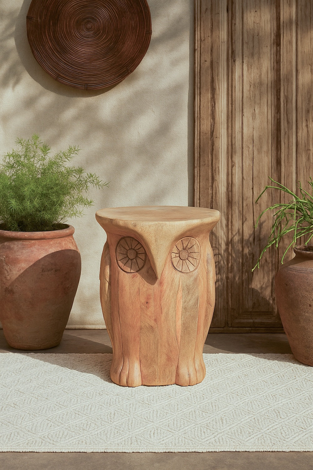 Ekaurr Reclaimed Wood Owl Stool handcrafted stool or pedestal carved from reclaimed wood in a whimsical owl-inspired form, artisan functional decor piece for home interiors and children-friendly spaces