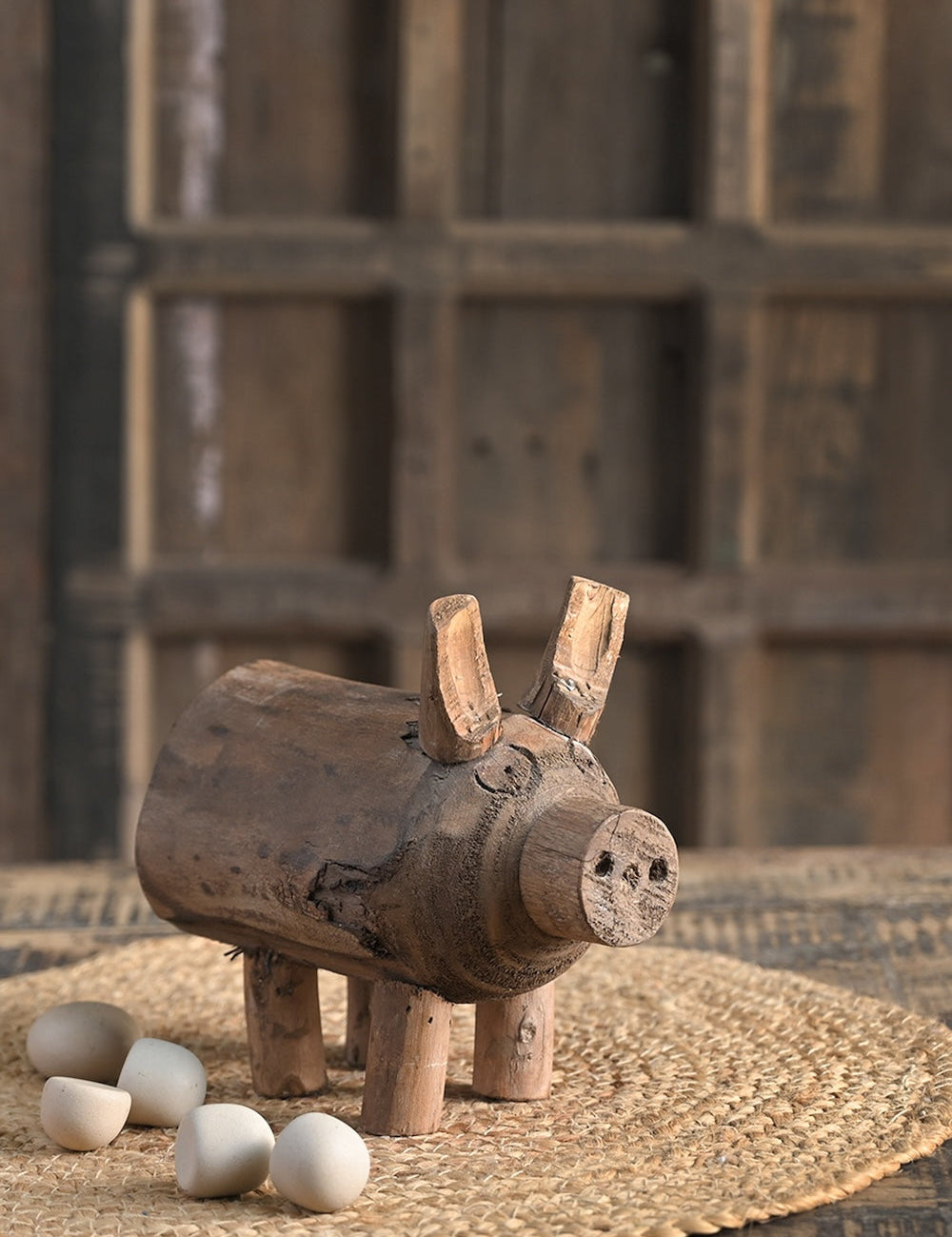 Ekaurr Reclaimed Wood Piggy Decor handcrafted vintage reclaimed wood pig-shaped decorative figurine with rustic earthy finish, artisan animal accent for shelves and home styling