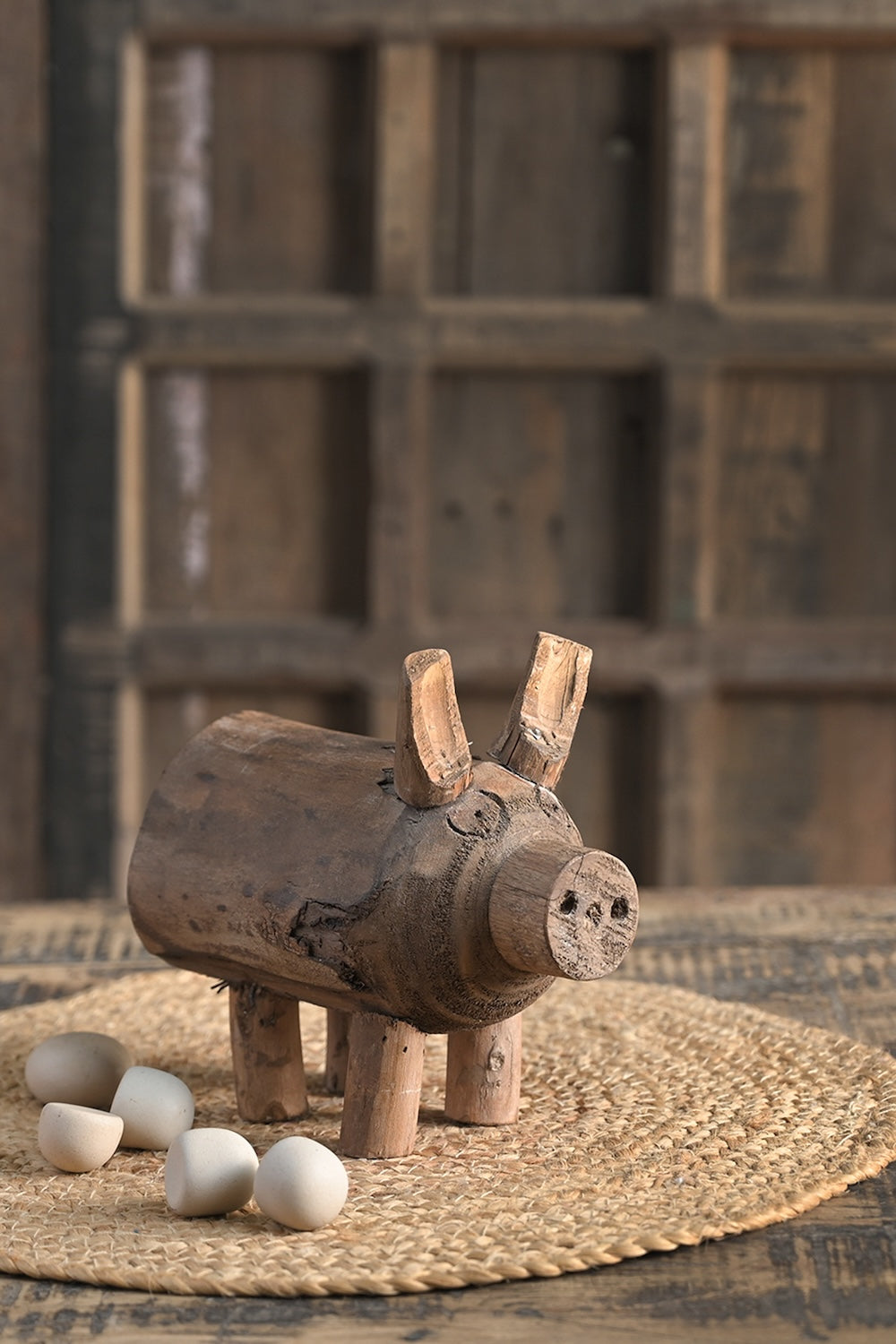 Ekaurr Reclaimed Wood Piggy Decor handcrafted vintage reclaimed wood pig-shaped decorative figurine with rustic earthy finish, artisan animal accent for shelves and home styling