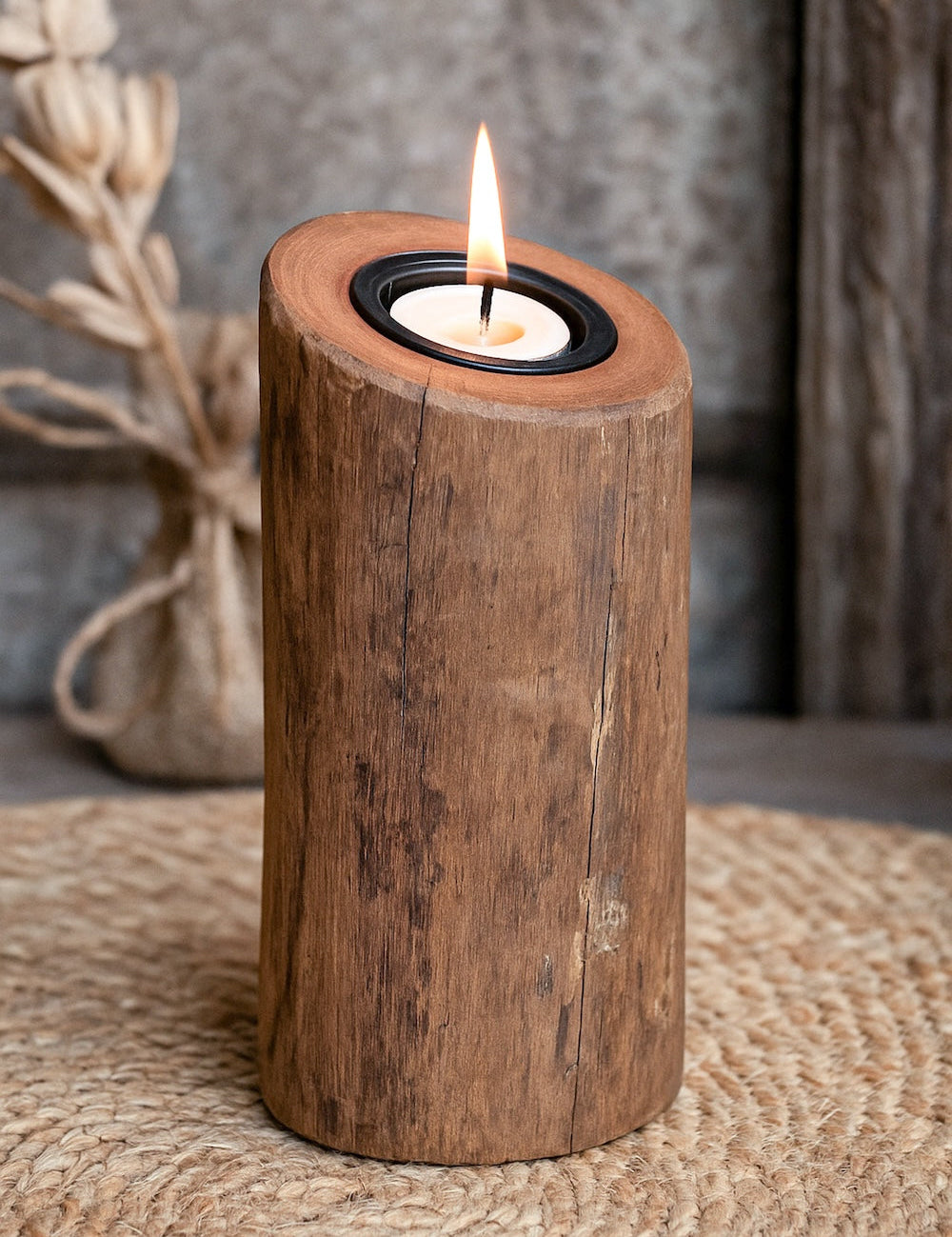 Ekaurr Reclaimed Wood Tapered Tea Light Holder single handcrafted solid reclaimed wood tapered candle holder in natural earthy finish, rustic artisan candle stand for dining tables and home styling