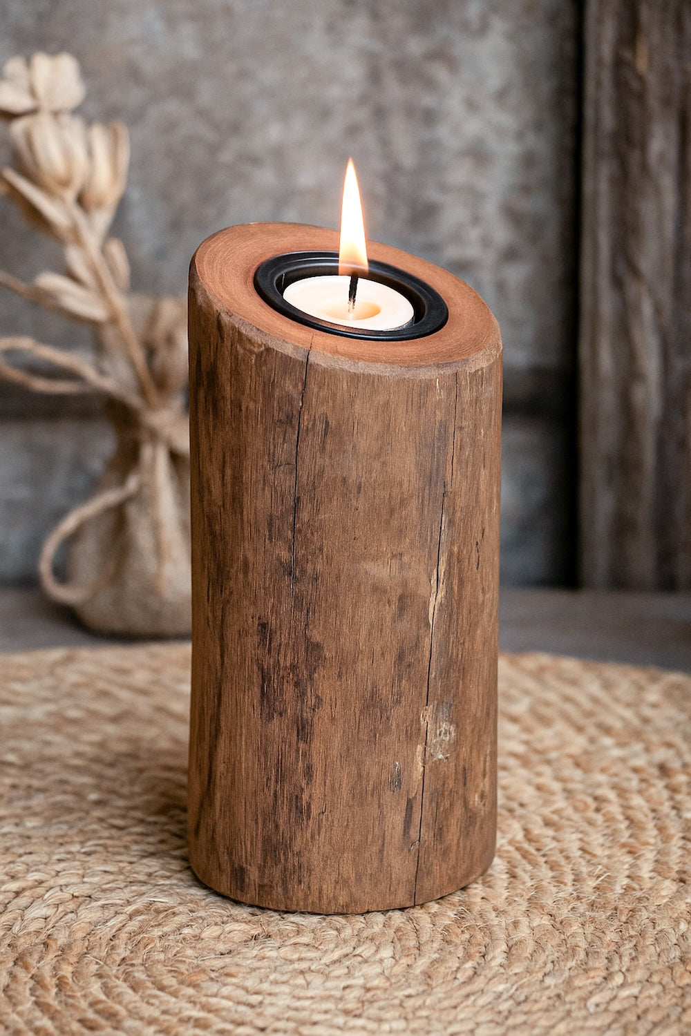 Ekaurr Reclaimed Wood Tapered Tea Light Holder single handcrafted solid reclaimed wood tapered candle holder in natural earthy finish, rustic artisan candle stand for dining tables and home styling