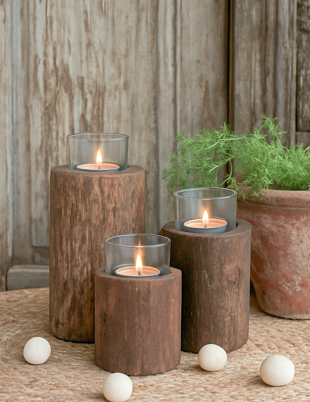 Ekaurr Reclaimed Wood Tea Light Holder set of 3 in varying heights with glass cup inserts, handcrafted rustic candle holders for table or shelf styling