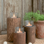 Ekaurr Reclaimed Wood Tea Light Holder set of 3 in varying heights with glass cup inserts, handcrafted rustic candle holders for table or shelf styling