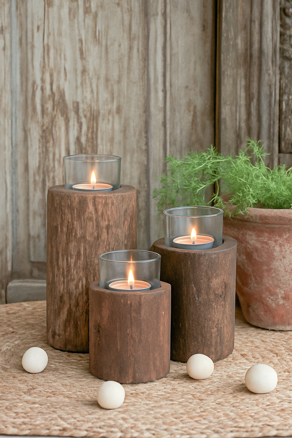 Ekaurr Reclaimed Wood Tea Light Holder set of 3 in varying heights with glass cup inserts, handcrafted rustic candle holders for table or shelf styling
