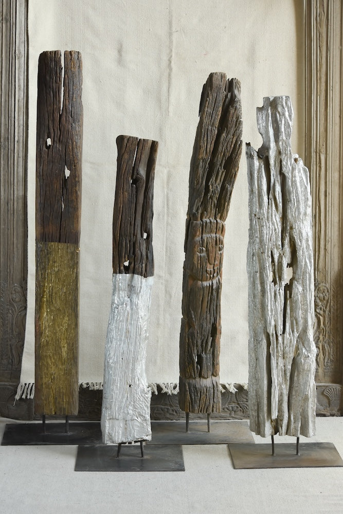 Ekaurr Reclaimed Wood Totem Sculpture on Iron Base – brass-dipped weathered wood abstract totem, 45–60 inch tall sculptural home decor accent