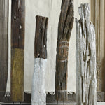 Ekaurr Reclaimed Wood Totem Sculpture on Iron Base – brass-dipped weathered wood abstract totem, 45–60 inch tall sculptural home decor accent