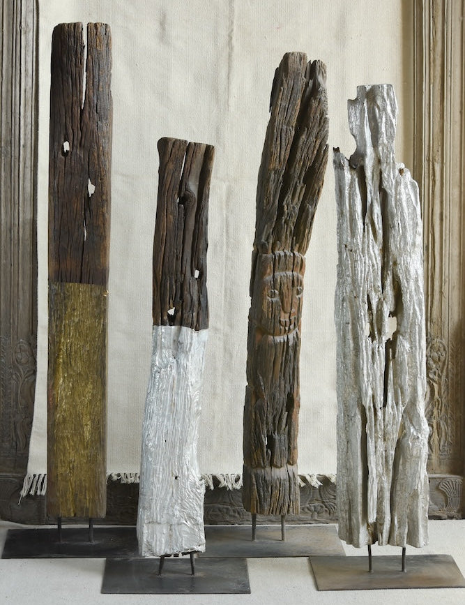 Ekaurr Reclaimed Wood Totem Sculpture on Iron Base – brass-dipped weathered wood abstract totem, 45–60 inch tall sculptural home decor accent