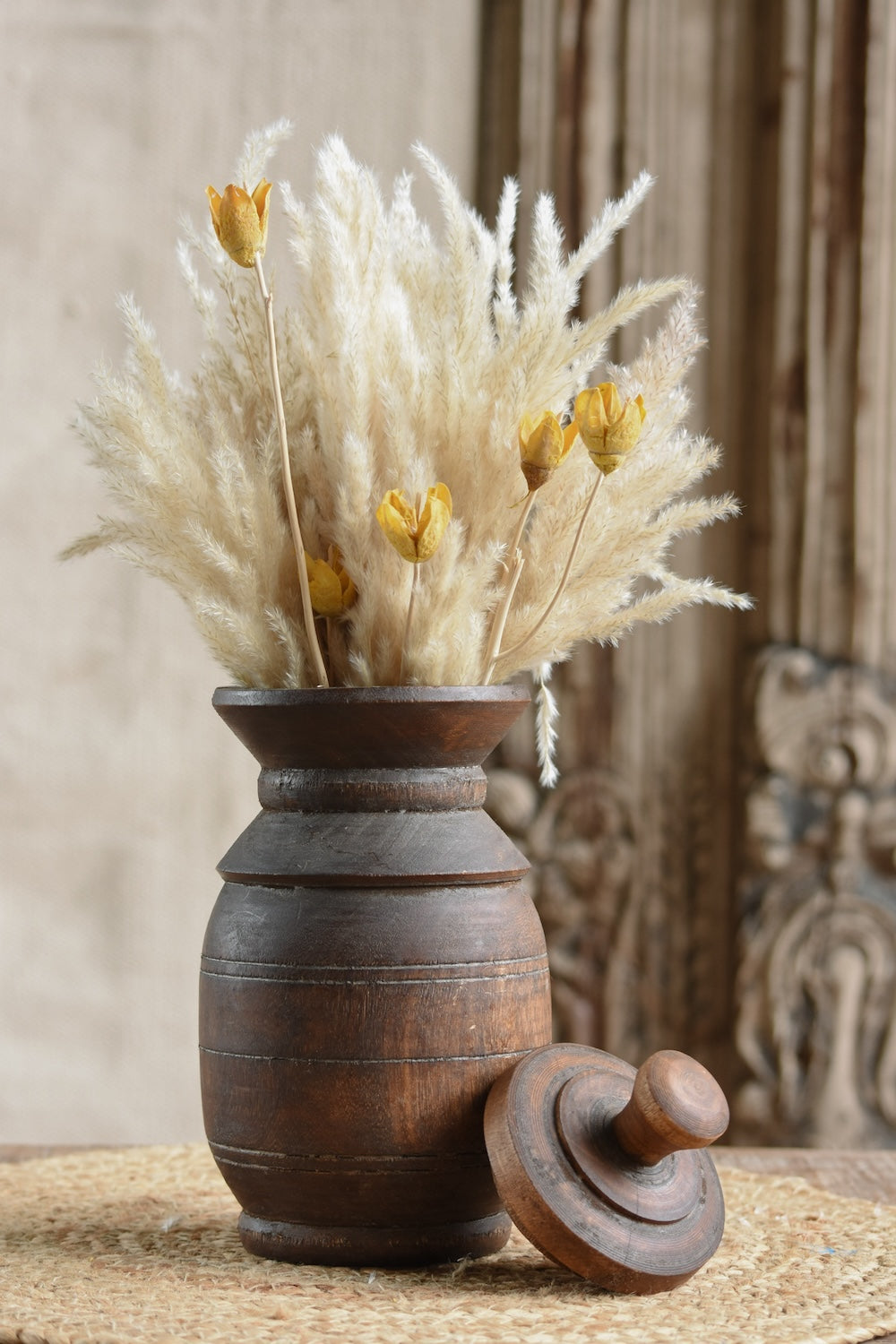 Ekaurr Reclaimed Wood Vase with Openable Lid – handcrafted reclaimed wood jar with removable lid, dual-use as decorative vase and functional storage for candies or trinkets