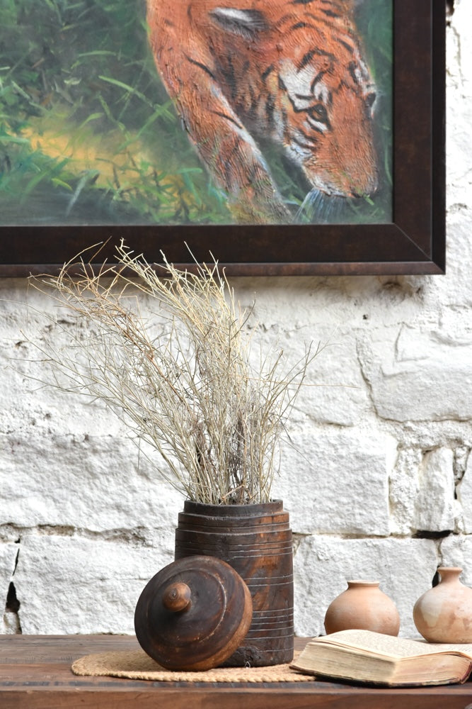 Ekaurr Reclaimed Wooden Jar with Lid handcrafted from upcycled wood with fitted wooden lid, rustic artisan storage jar for dry goods, cotton or desk accessories