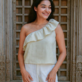 Ekaurr BIGDI Ripple Cotton Top finest cotton summer top with a ripple-inspired wave print or frill detail in soft pastel tones, artisan slow fashion top for women from the BIGDI summer collection