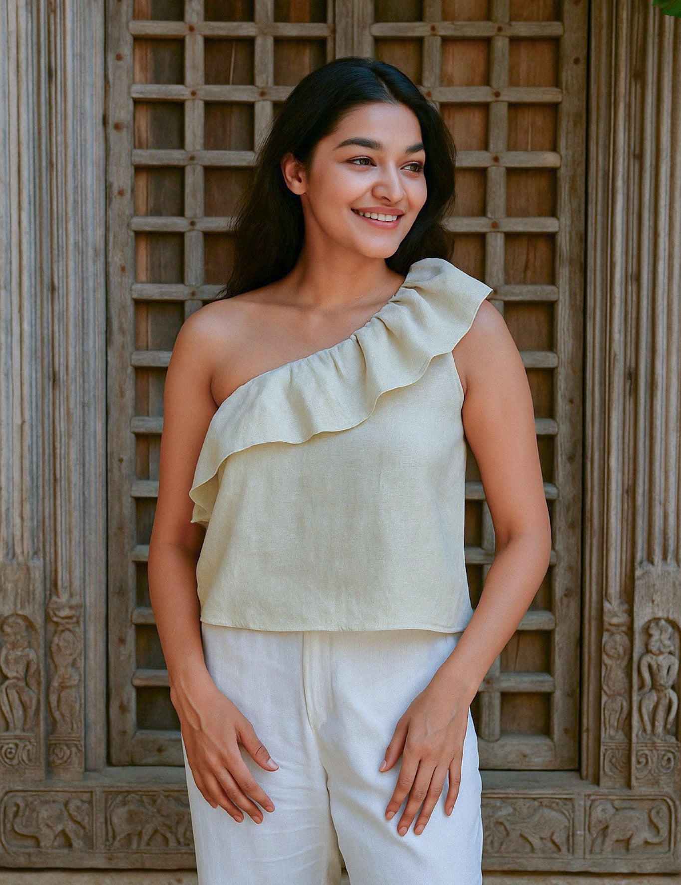 Ekaurr BIGDI Ripple Cotton Top finest cotton summer top with a ripple-inspired wave print or frill detail in soft pastel tones, artisan slow fashion top for women from the BIGDI summer collection