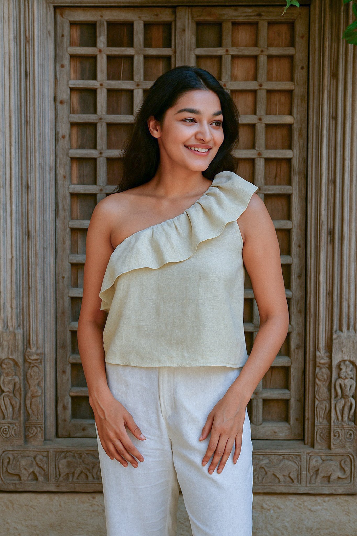 Ekaurr BIGDI Ripple Cotton Top finest cotton summer top with a ripple-inspired wave print or frill detail in soft pastel tones, artisan slow fashion top for women from the BIGDI summer collection