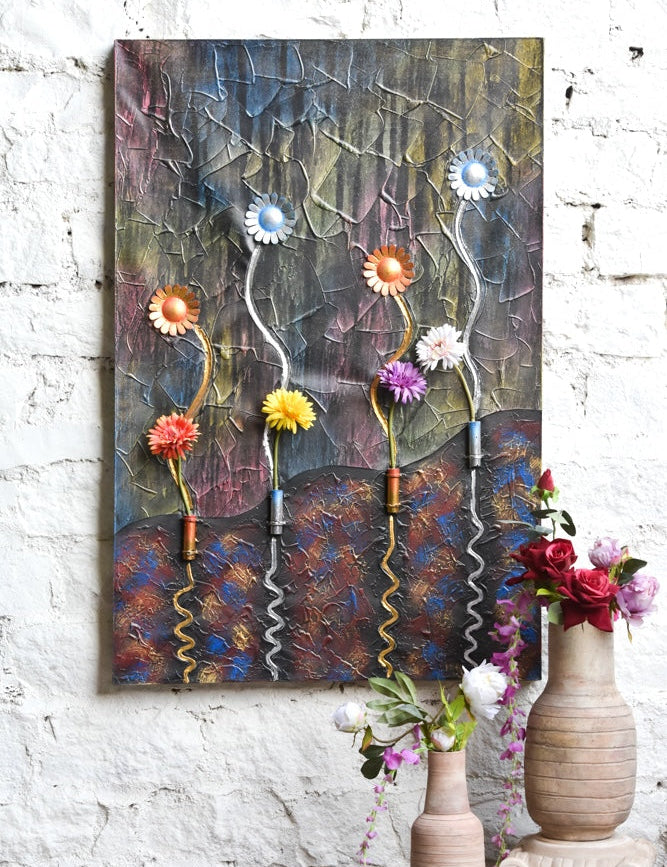 Ekaurr Rooted Bloom mixed-media wall art combining botanical root and bloom forms in layered earthy textures and natural tones, handcrafted nature-inspired home decor for living rooms and mindful interior styling