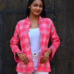 Ekaurr BIGDI Rosy Patches Jacket handcrafted cotton jacket in a patchwork of rosy pink tones with a warm folk textile character, artisan slow fashion outerwear for women from the BIGDI collection