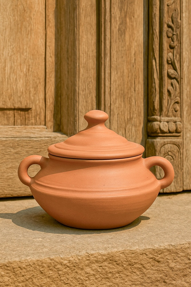 Ekaurr Round Belly Terracotta Serving Dish set of 3 handmade natural clay bowls with a rounded belly form crafted by rural Indian artisans, earthy artisan kitchen essentials for curries dips and conscious everyday dining