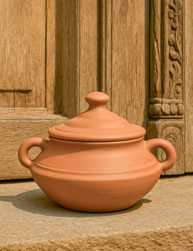 Ekaurr Round Belly Terracotta Serving Dish set of 3 handmade natural clay bowls with a rounded belly form crafted by rural Indian artisans, earthy artisan kitchen essentials for curries dips and conscious everyday dining