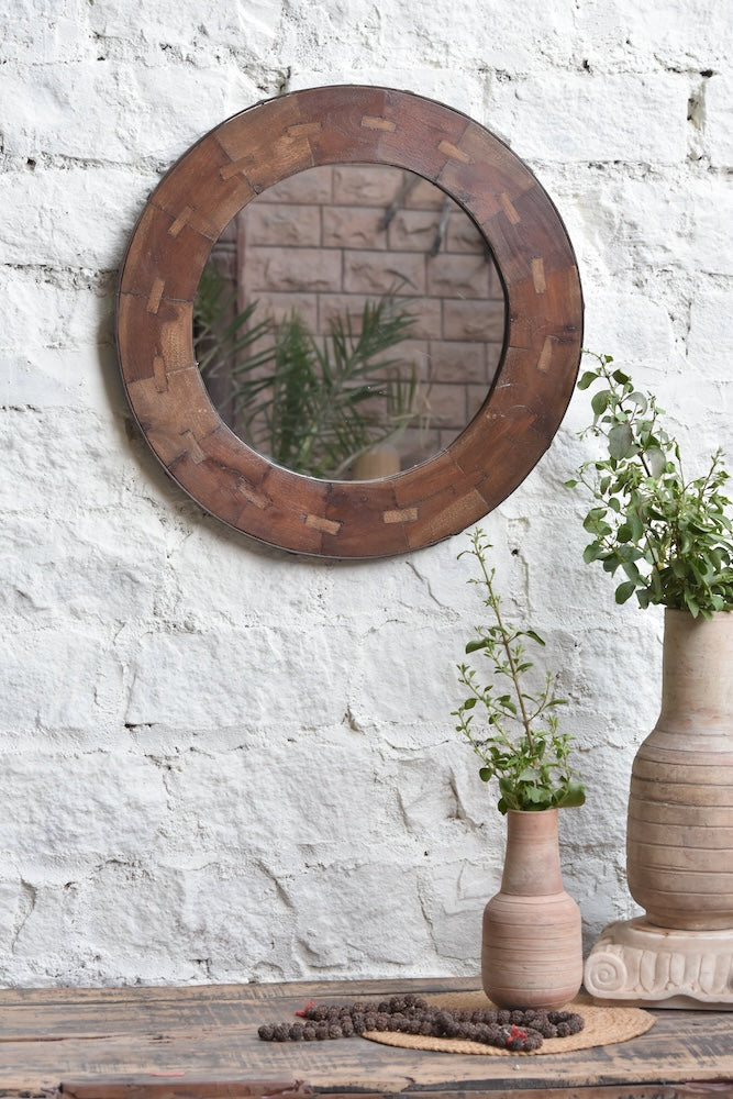 Ekaurr Round Mirror Frame handcrafted circular wall mirror with a reclaimed or artisan frame in natural rustic finish, decorative home mirror for entryways living rooms and statement wall styling