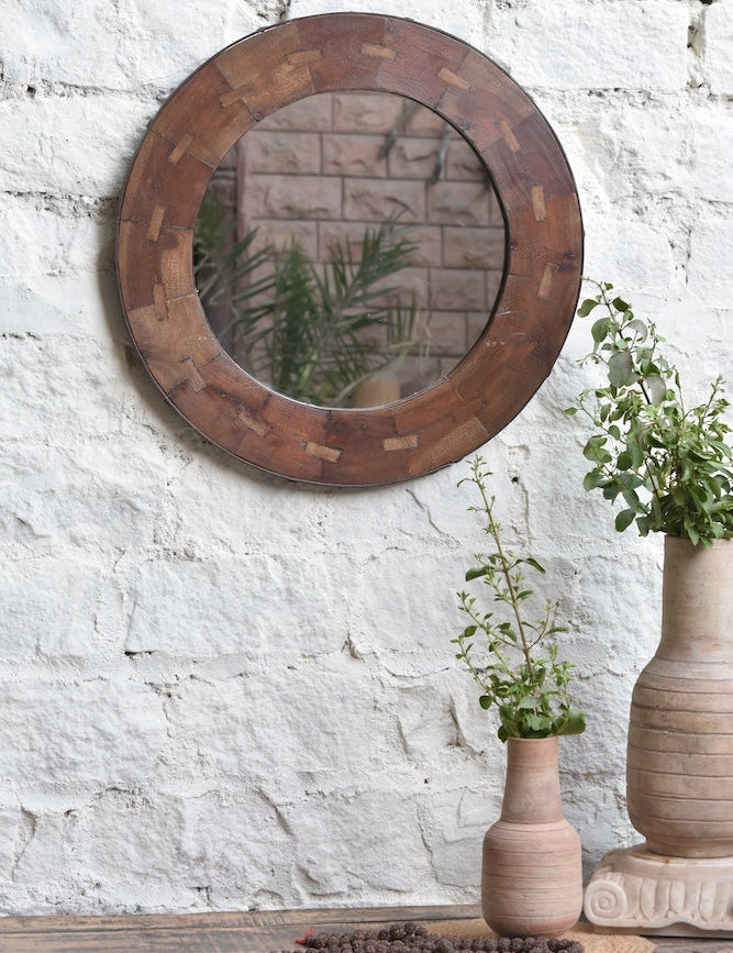 Ekaurr Round Mirror Frame handcrafted circular wall mirror with a reclaimed or artisan frame in natural rustic finish, decorative home mirror for entryways living rooms and statement wall styling