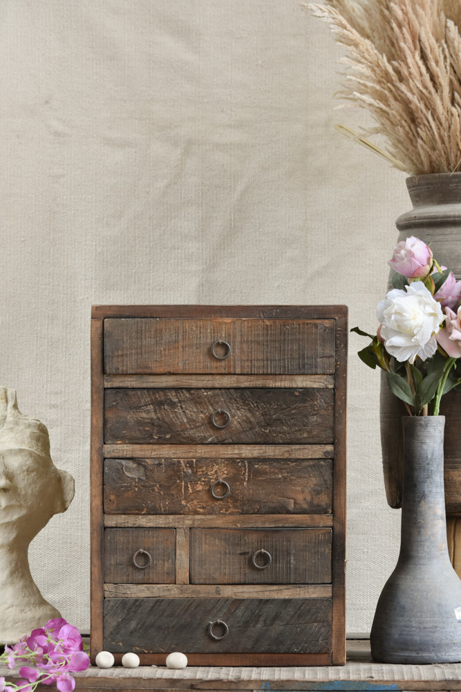 Ekaurr Rustic Reclaim Drawer Chest handcrafted multi-drawer storage chest from reclaimed wood with distressed earthy finish, artisan rustic organiser for desks shelves and eclectic home styling