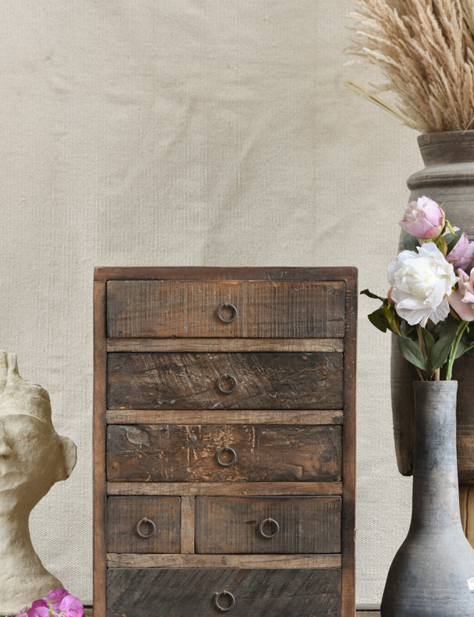Ekaurr Rustic Reclaim Drawer Chest handcrafted multi-drawer storage chest from reclaimed wood with distressed earthy finish, artisan rustic organiser for desks shelves and eclectic home styling