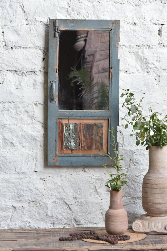 Ekaurr Rustic Reflection Mirror Window handcrafted reclaimed wood window frame with inset mirrors creating a grid or multi-pane rustic window mirror, artisan wall decor for living rooms and statement wall styling