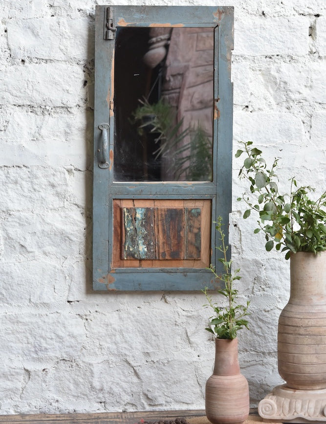 Ekaurr Rustic Reflection Mirror Window handcrafted reclaimed wood window frame with inset mirrors creating a grid or multi-pane rustic window mirror, artisan wall decor for living rooms and statement wall styling