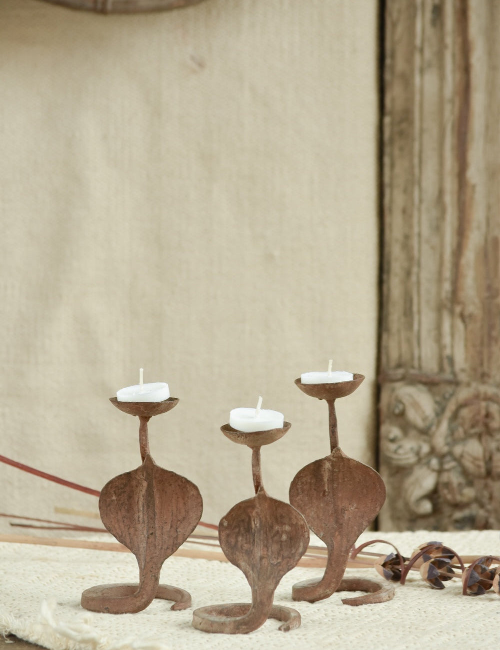 Ekaurr Rustic Snake Iron Candles set of handcrafted matte iron candle holders with serpentine snake-form design, sculptural artisan candle stand for rustic and eclectic home interiors