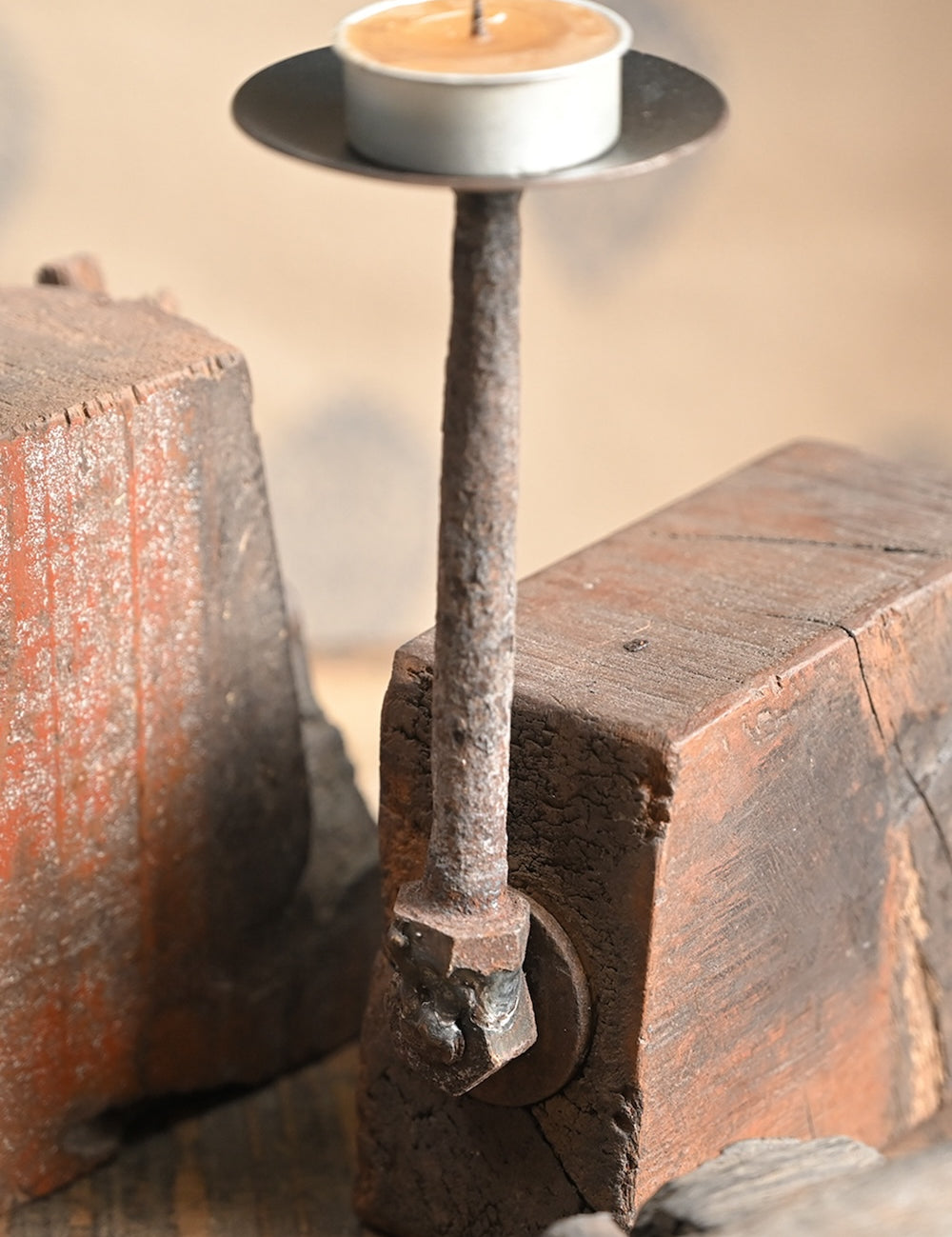 Close-up of weathered wood grain texture on Ekaurr Rustic Timber Charm Tea Light Holder