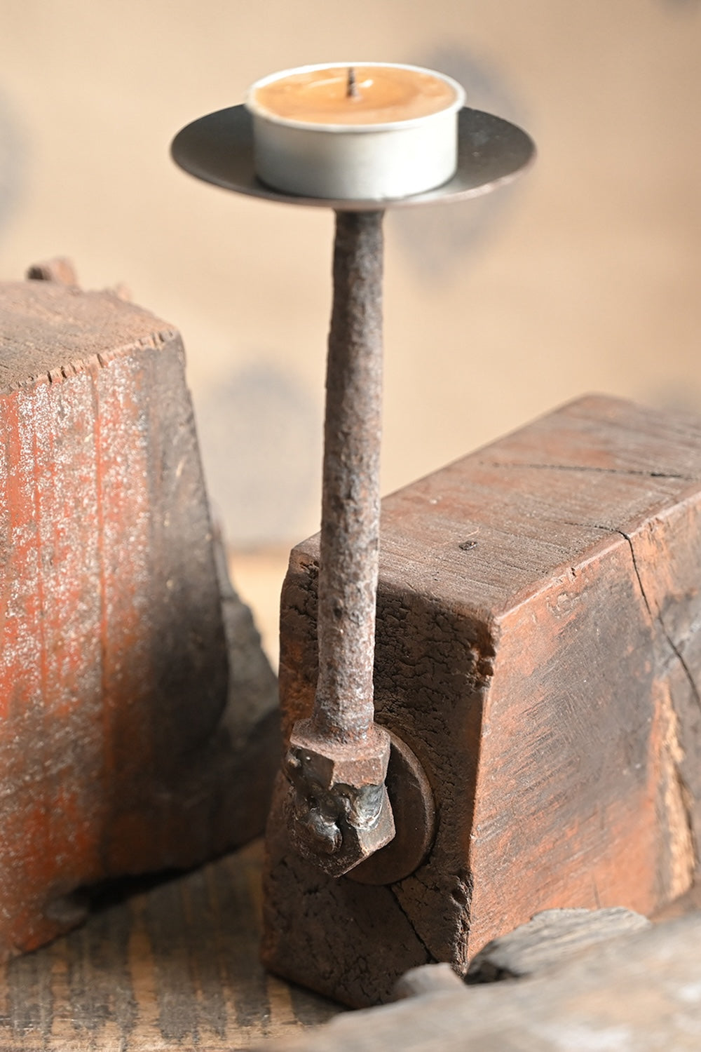 Close-up of weathered wood grain texture on Ekaurr Rustic Timber Charm Tea Light Holder