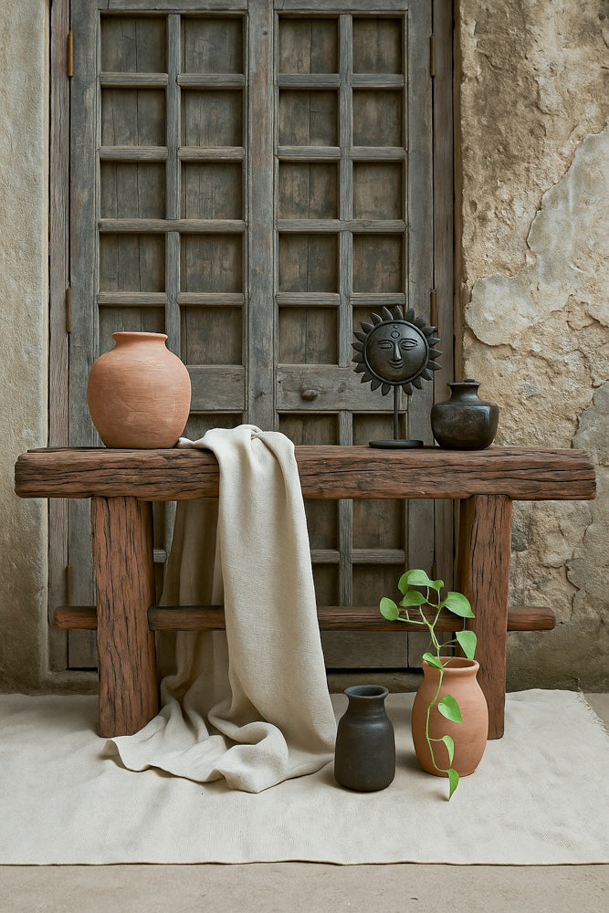 Ekaurr Rustic Wood Console handcrafted from reclaimed wood with aged patina and natural grain texture, statement entryway or sofa console table