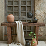 Ekaurr Rustic Wood Console handcrafted from reclaimed wood with aged patina and natural grain texture, statement entryway or sofa console table