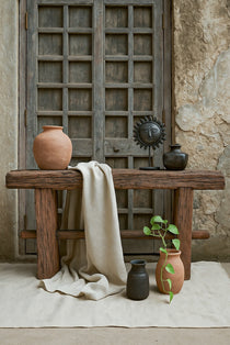 Ekaurr Rustic Wood Console handcrafted from reclaimed wood with aged patina and natural grain texture, statement entryway or sofa console table