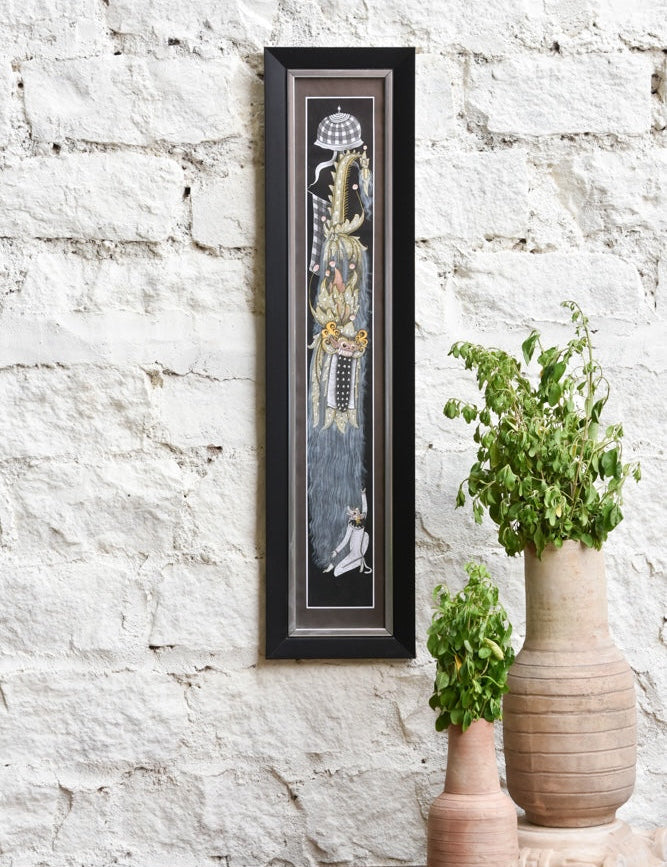 Ekaurr Sacred Encounter wall art depicting a devotional or spiritual meeting of sacred figures in warm traditional tones, handcrafted spiritual home decor for altars living rooms and meditative interior spaces