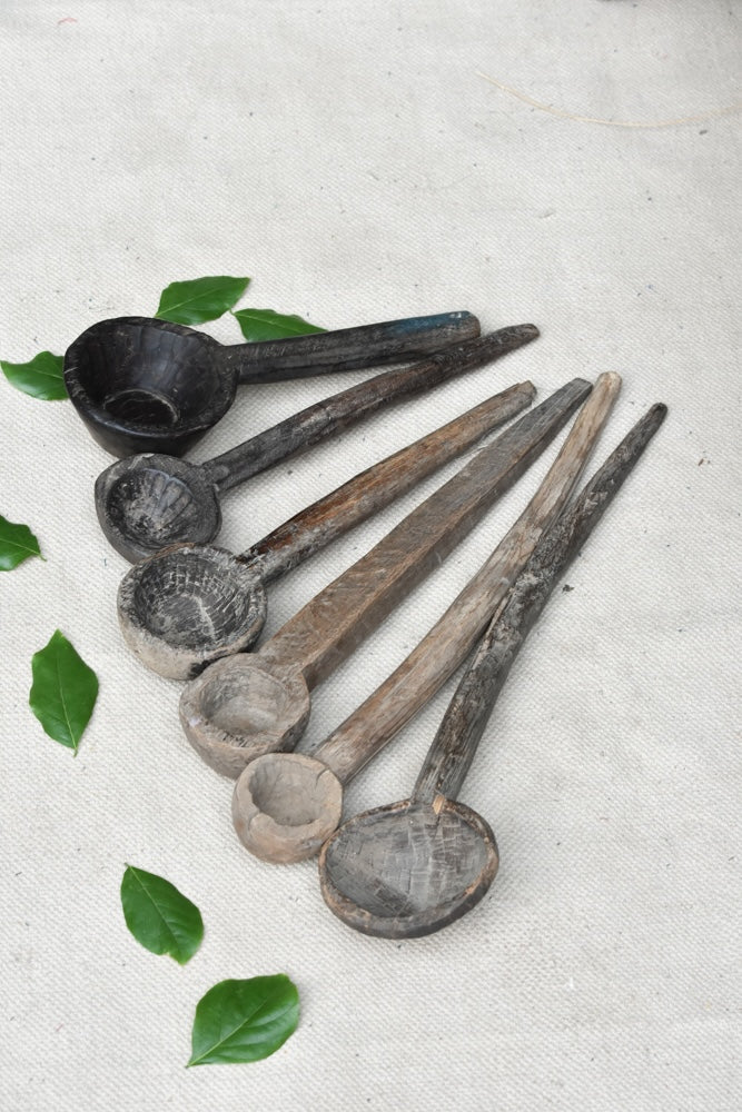 Ekaurr Sacred Flame Wooden Spoons set of 3 close detail showing the carved flame handle form and natural wood grain finish