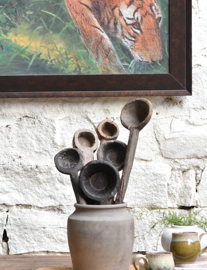 Ekaurr Sacred Flame Wooden Spoons set of 3 handcrafted wooden spoons with flame-inspired carved handles displayed as artisan wall or console decor in a natural wood finish