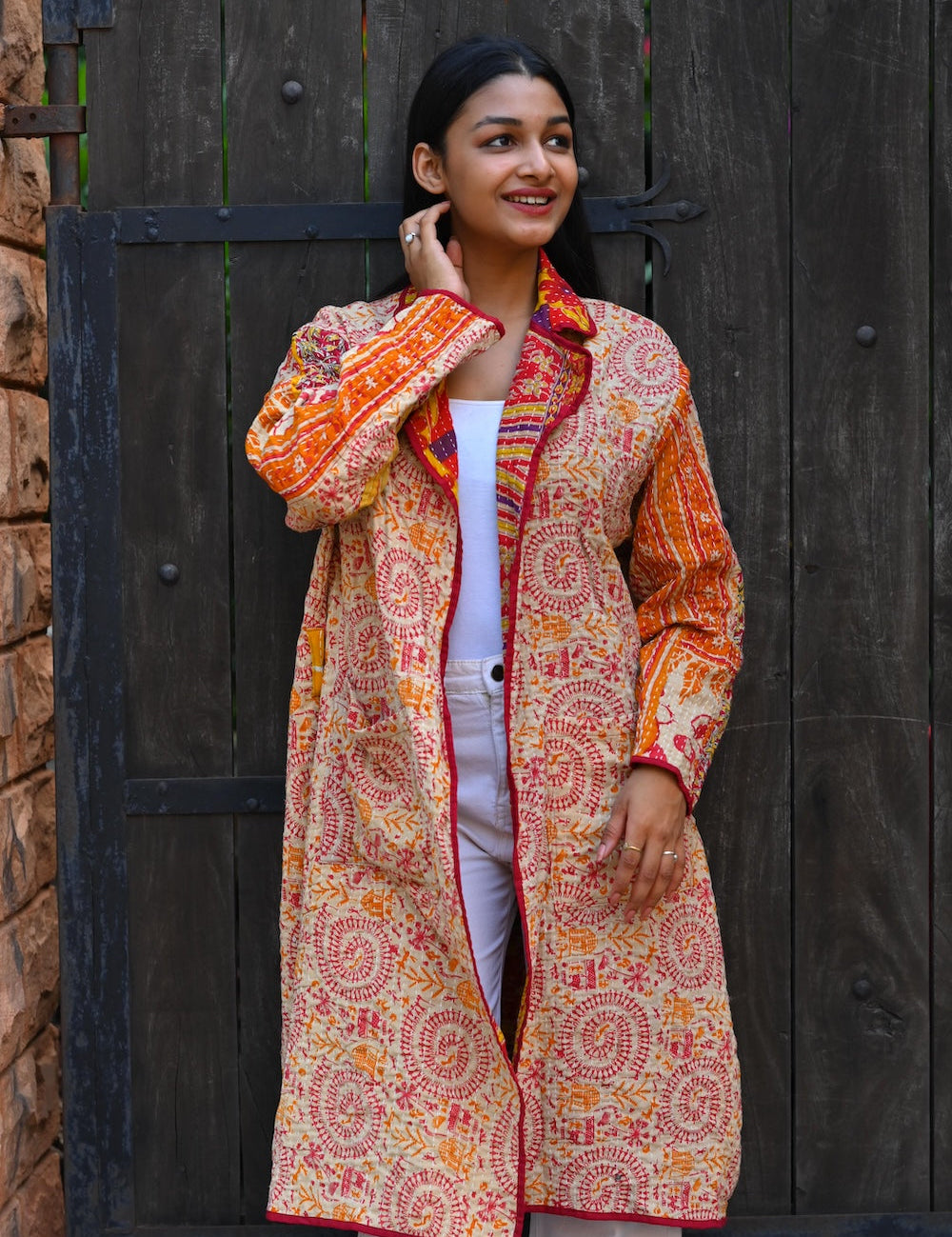 Ekaurr BIGDI Saffron Elegance Coat cotton quilted reversible coat in warm saffron with an elegant structured form, artisan slow fashion outerwear for women from the BIGDI Blazers Coats and Robes collection