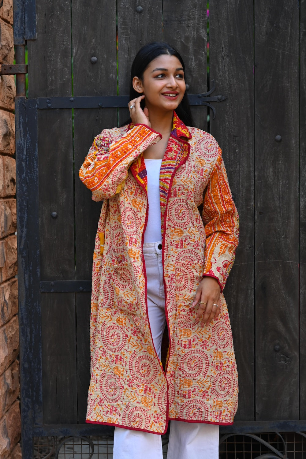Ekaurr BIGDI Saffron Elegance Coat cotton quilted reversible coat in warm saffron with an elegant structured form, artisan slow fashion outerwear for women from the BIGDI Blazers Coats and Robes collection
