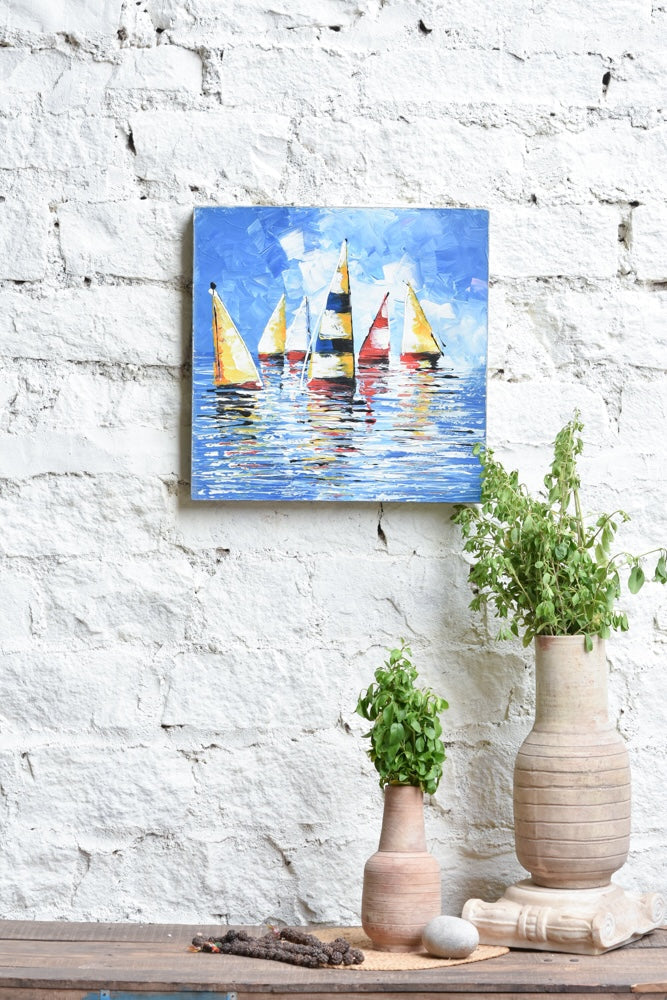 Ekaurr Sails in Symphony painting depicting sailing vessels in harmonious formation against a vivid sea and sky, handcrafted coastal canvas art for living rooms dining rooms and nautical-inspired home interiors