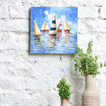 Ekaurr Sails in Symphony painting depicting sailing vessels in harmonious formation against a vivid sea and sky, handcrafted coastal canvas art for living rooms dining rooms and nautical-inspired home interiors