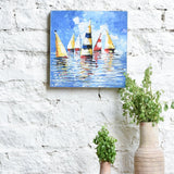 Ekaurr Sails in Symphony painting depicting sailing vessels in harmonious formation against a vivid sea and sky, handcrafted coastal canvas art for living rooms dining rooms and nautical-inspired home interiors