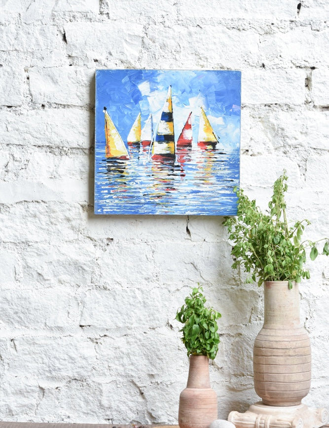 Ekaurr Sails in Symphony painting depicting sailing vessels in harmonious formation against a vivid sea and sky, handcrafted coastal canvas art for living rooms dining rooms and nautical-inspired home interiors
