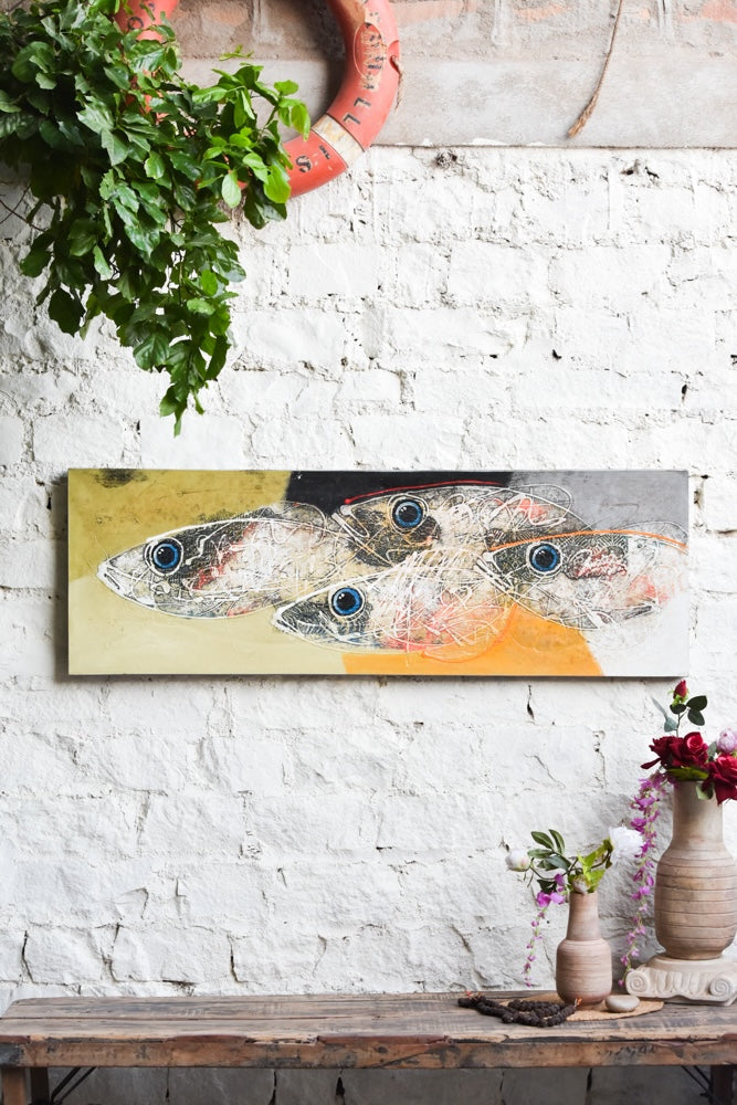 Ekaurr Saltwater Drift painting with drifting aquatic forms in cool blue teal and salt-white tones, handcrafted coastal-inspired home decor for living rooms bathrooms and ocean-themed interior styling