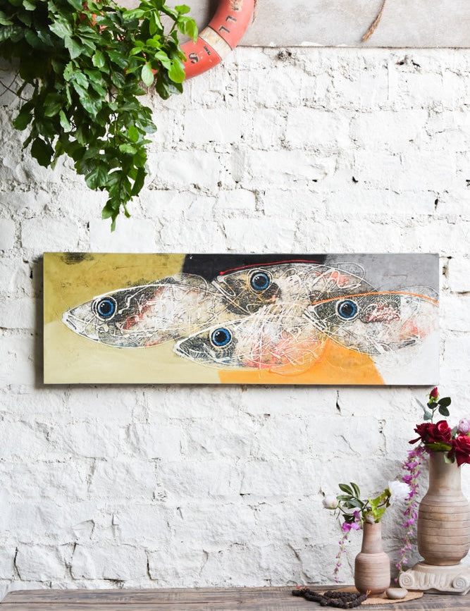 Ekaurr Saltwater Drift painting with drifting aquatic forms in cool blue teal and salt-white tones, handcrafted coastal-inspired home decor for living rooms bathrooms and ocean-themed interior styling
