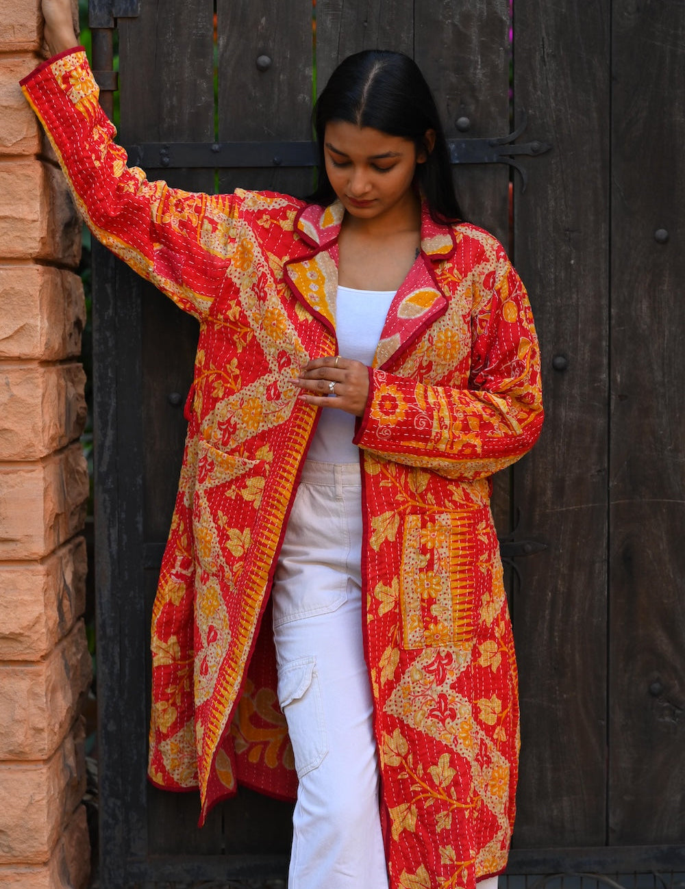 Ekaurr BIGDI Scarlet and Sun Coat cotton quilted reversible coat in a bold pairing of deep scarlet and warm sunny yellow, artisan slow fashion outerwear for women from the BIGDI Blazers Coats and Robes collection