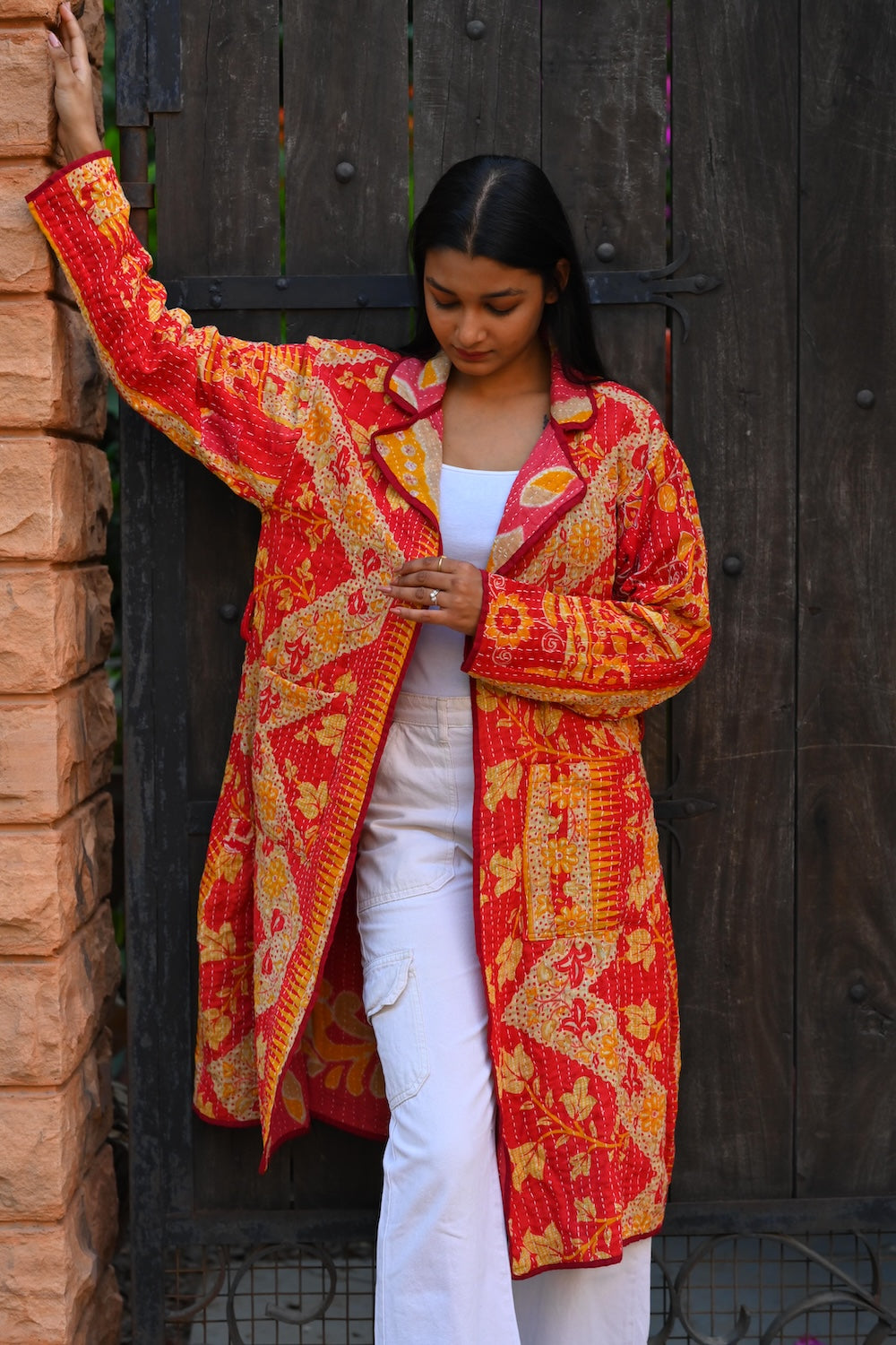 Ekaurr BIGDI Scarlet and Sun Coat cotton quilted reversible coat in a bold pairing of deep scarlet and warm sunny yellow, artisan slow fashion outerwear for women from the BIGDI Blazers Coats and Robes collection